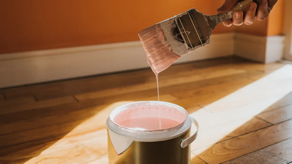 Premium aerosol paint surface preparation and priming on wood furniture.